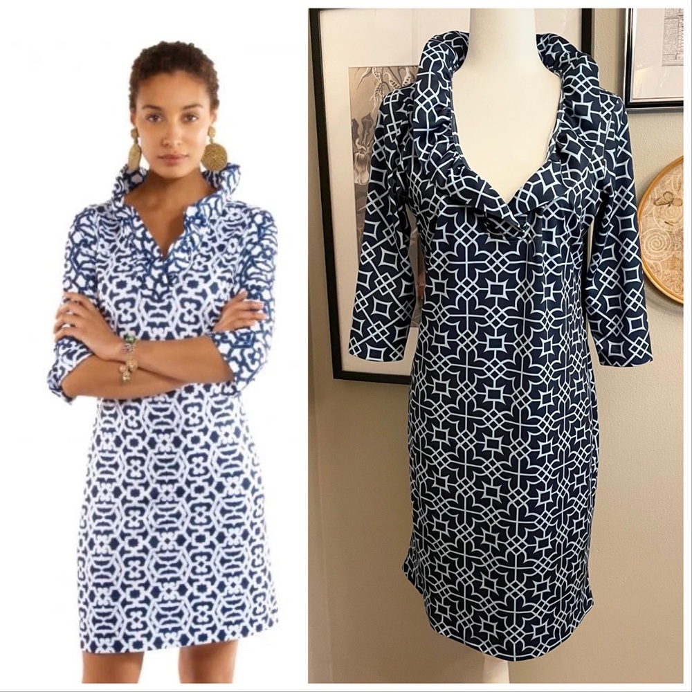 GRETCHEN SCOTT BLUES JERSEY RUFFNECK DRESS